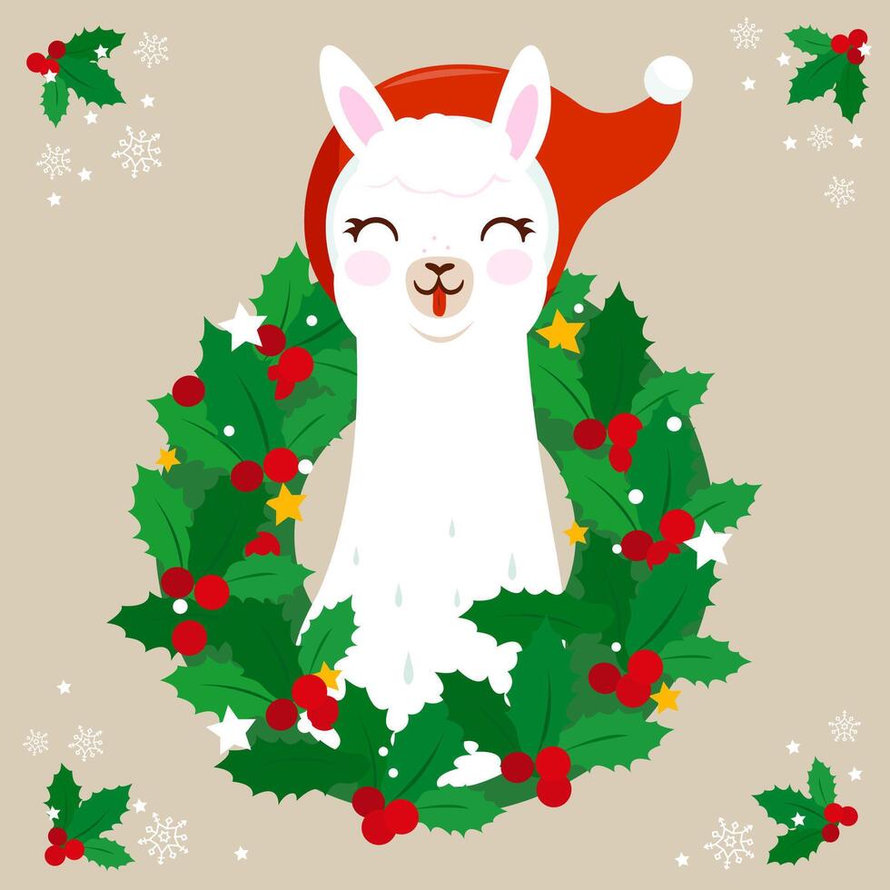 Christmas holy berry wreath seasonal holiday decoration with cute llama or alpaca character portrait with Xmas Santa Claus hat. Merry Christmas background. vector