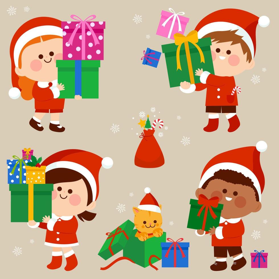 Cute little children with Santa Claus hats holding Christmas presents. Xmas holiday kids celebrating Boxing day with gifts. vector
