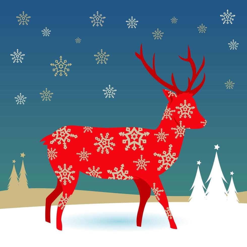 Seasonal winter Xmas night background with deer in a Christmas landscape. vector