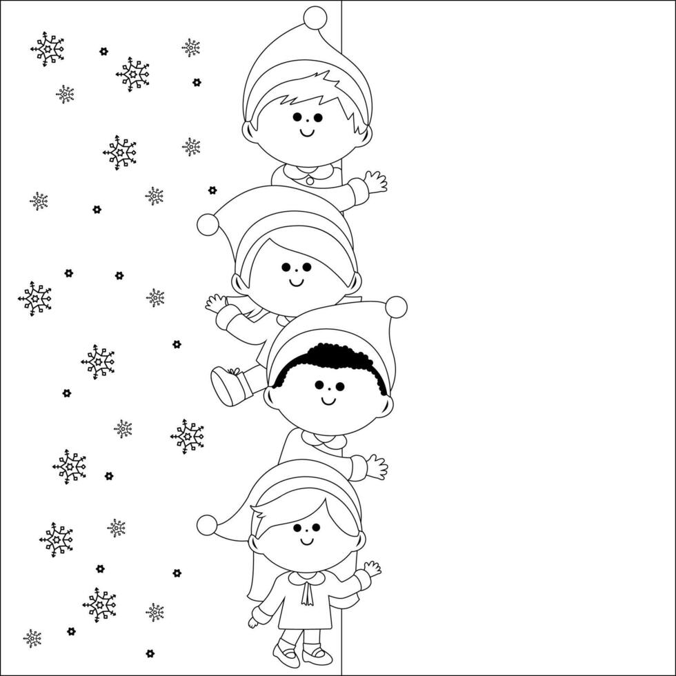 Happy group of children dressed in Christmas costumes holding a blank ribbon banner. Xmas party kids celebrating New Year And Christmas. Black and white coloring page. vector