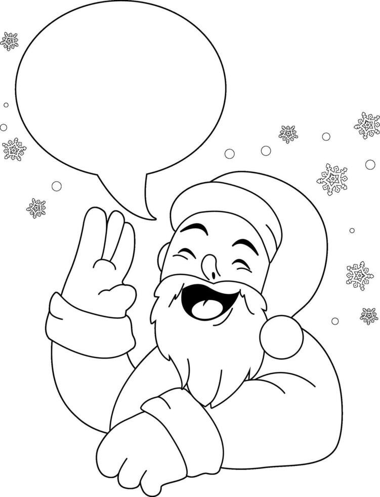 Cartoon Santa Claus with a speech bubble talking. Christmas message, holiday wishes. Merry Christmas. Black and white coloring page. vector