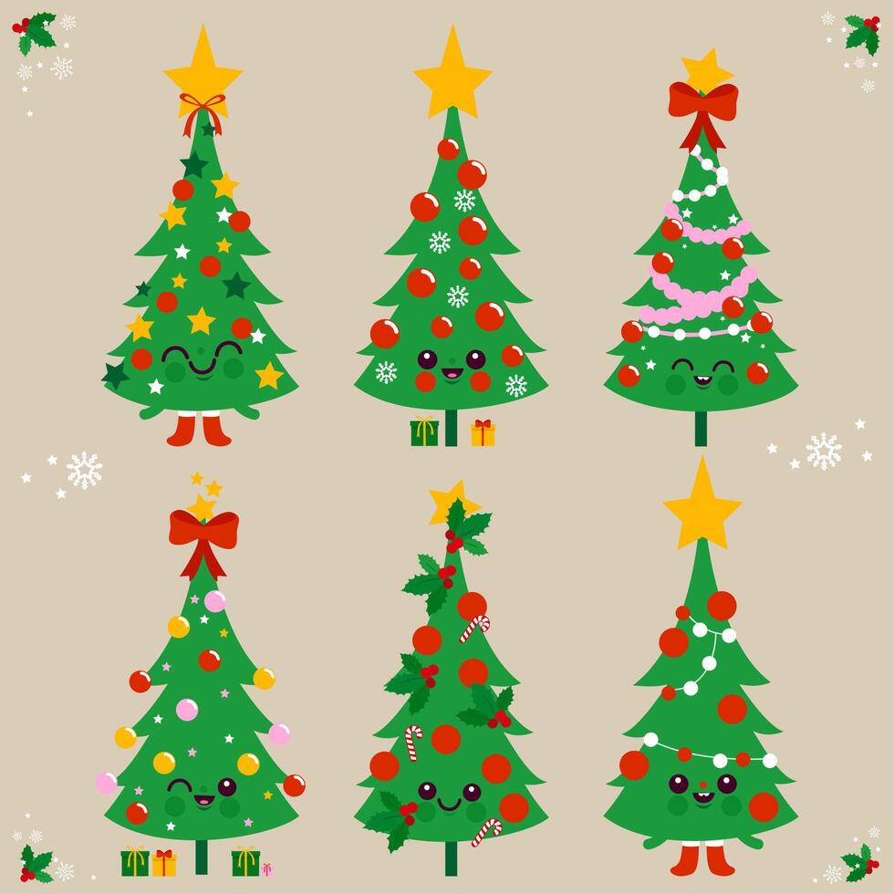 Christmas trees characters with Christmas gifts and holy berry decorated with Christmas balls with garlands. Cute mascot Collection. vector