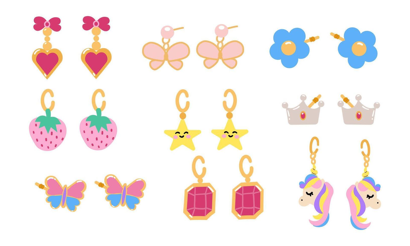 Earring Kids jewelry set. Cartoon drawing of jewelry for children isolated on white background. Fashion, jewelry concept. illustration vector
