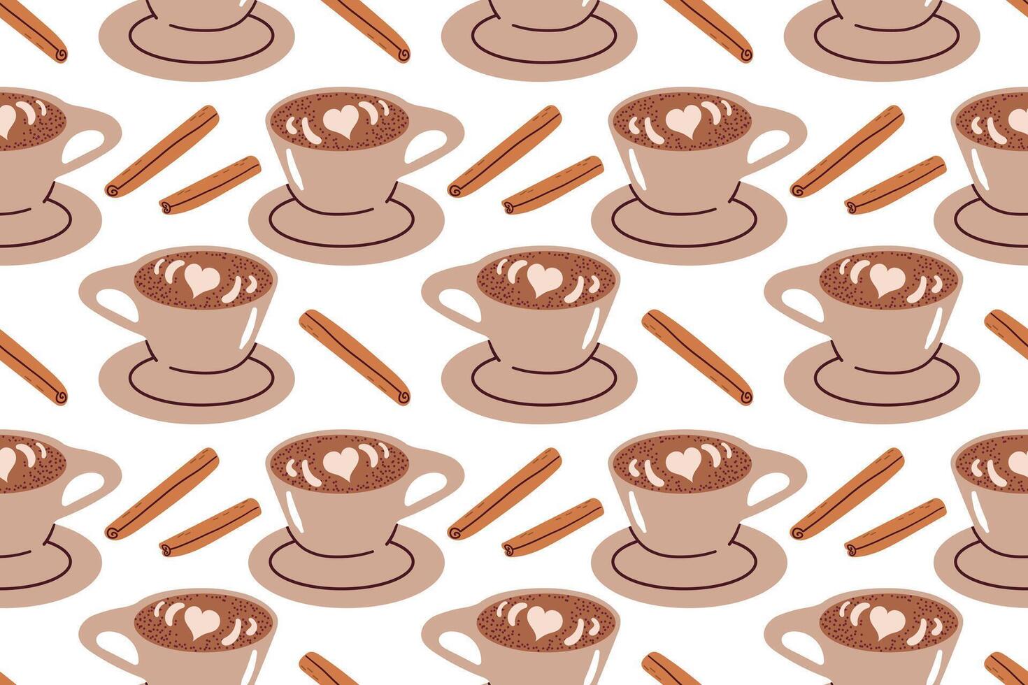 Drawn coffee cups for fabric, wallpapers, wrapping paper, cards and background. Morning coffee, doodle illustration seamless pattern vector