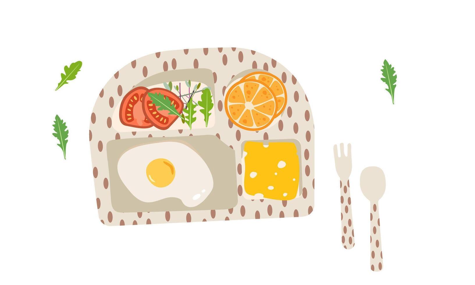 Food illustration .Breakfast time. Set of cute food icons in cartoon style for sweet design. Eggs, waffles with pancakes ,fruits and vegetables jam on cute plate for kids menu . vector