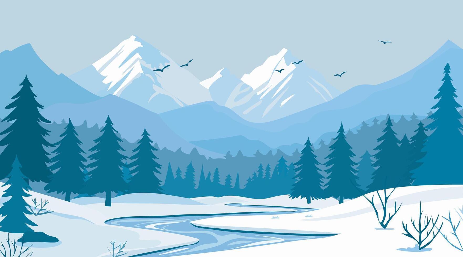 illustrations of nature, winter natural landscape, mountains, trees, river, fields for background or banner. Cold color, cute cartoon style vector