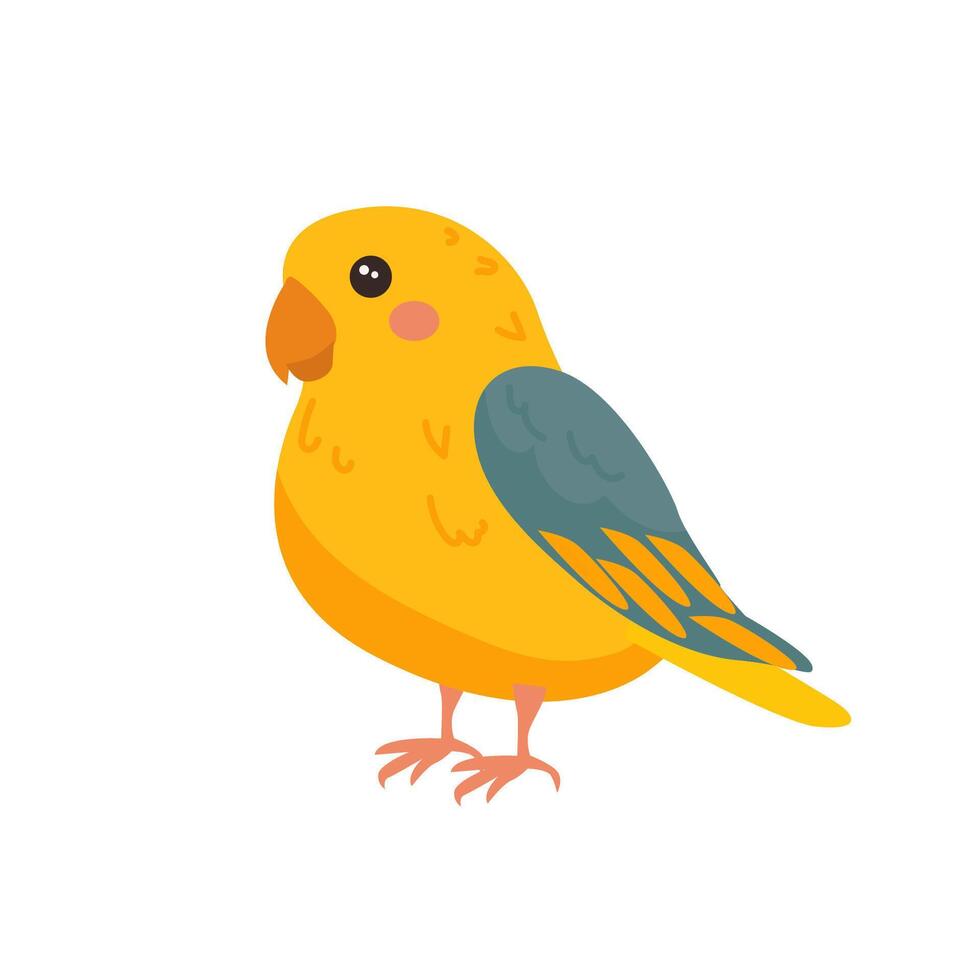 Budgerigar parrot in cartoon simple flat style. Cute yellow green bird isolated on white background. vector