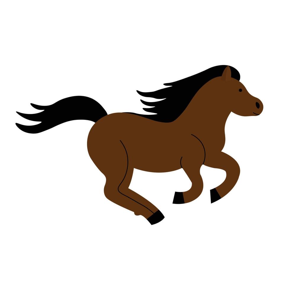 Flat illustration of a brown horse with a black mane and tail in a jumping running motion. vector