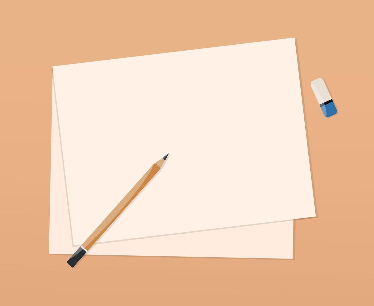 Painting supplies on the table. Pencil, eraser and paper sheets. Drawing tools vector