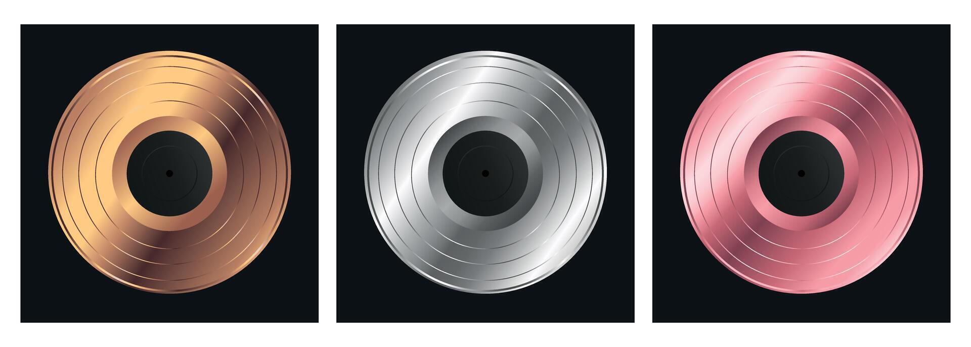 Set of vinyl records in metallic colors. Bronze, silver, pink metallic colored vinyl discs vector