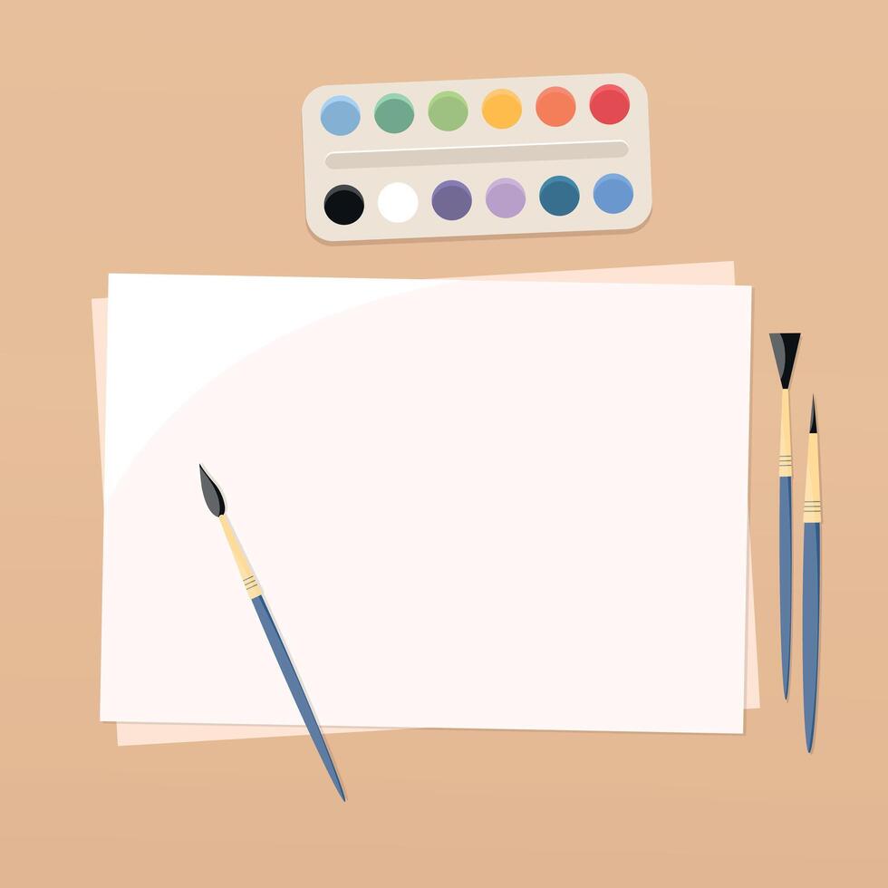 Painting supplies on the table. Watercolor paints, paint brushes and paper sheets. Painting tools vector