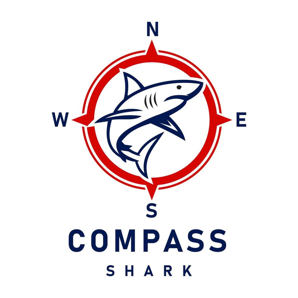 Shark Illustration with Compass Elements Marine Logo Design vector