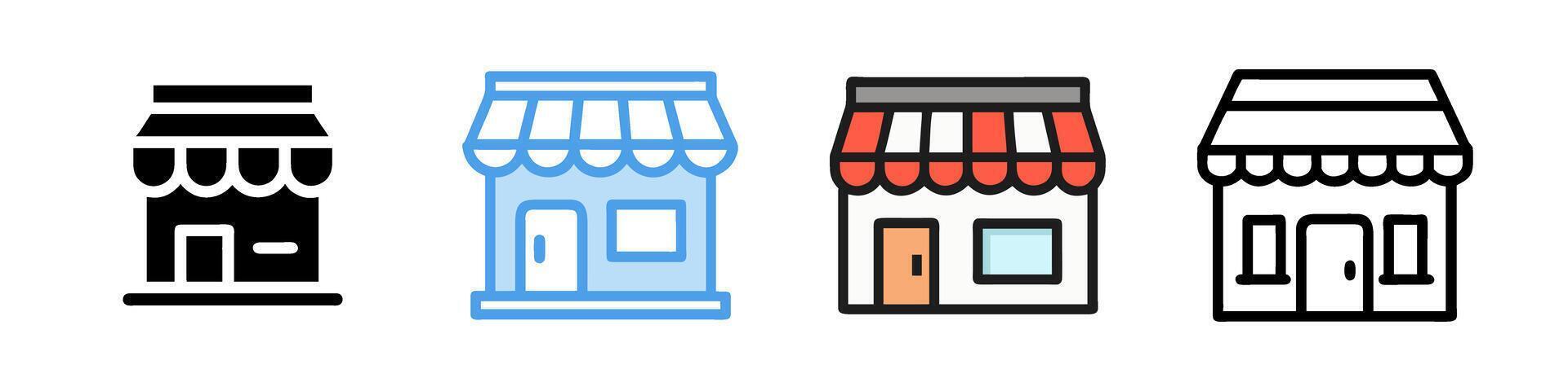 Set of store icons featuring various shop designs. Clean illustrations on a white background, ideal for retail, e-commerce, and business visuals vector