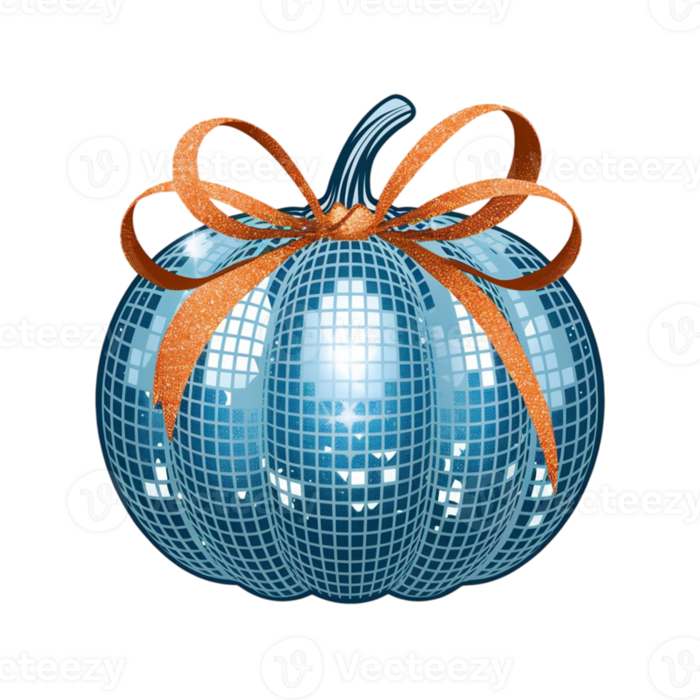 A shimmering pumpkin decorated like a disco ball features a glittery orange bow on top, cutouts png