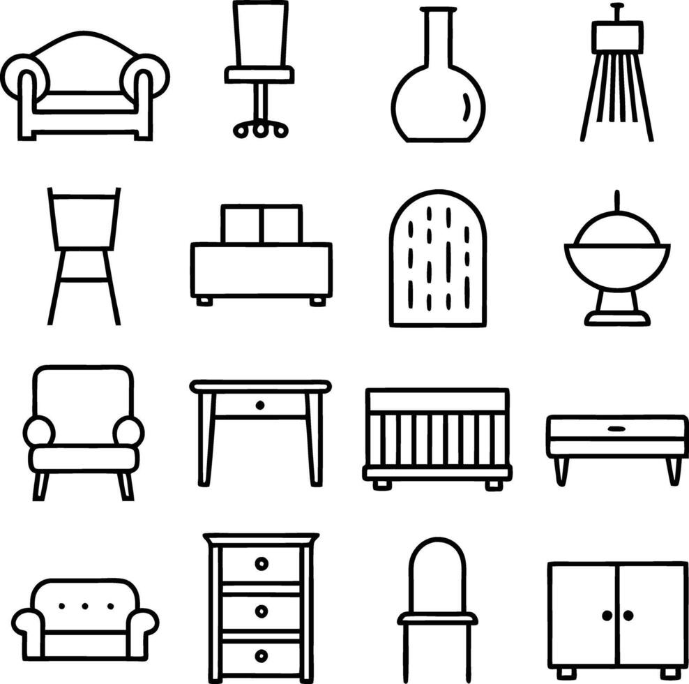 Refined Furniture Icons Artistic Line Drawings vector