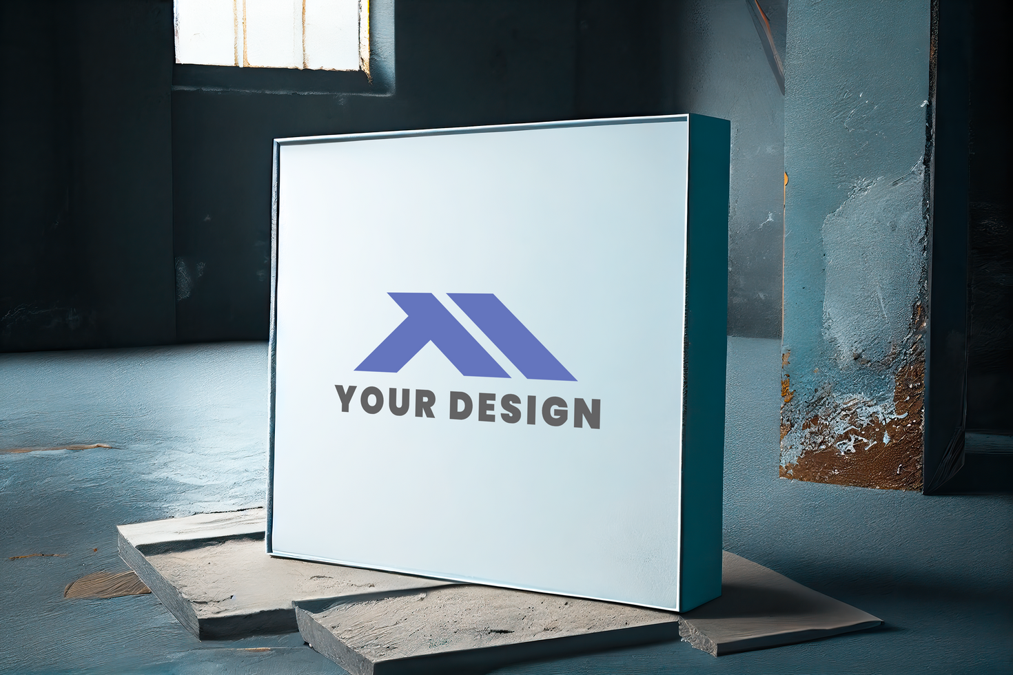 A box with the word your design on it sitting on a concrete floor psd