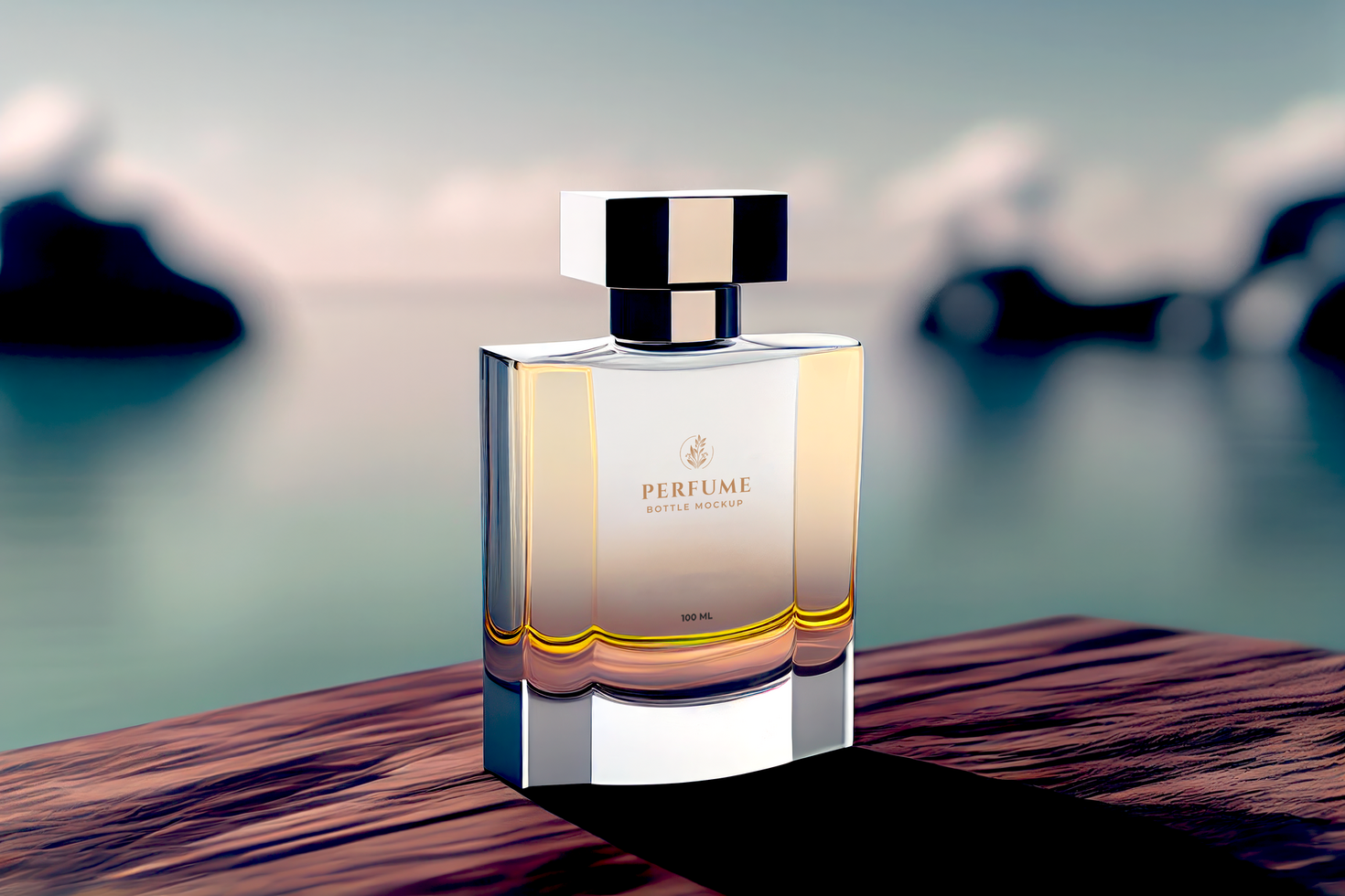 A bottle of perfume sitting on a wooden table psd