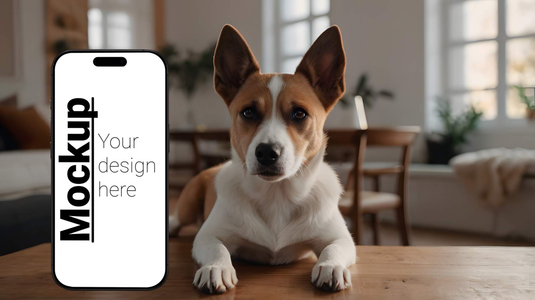 Dog sitting on the table with a phone mockup psd