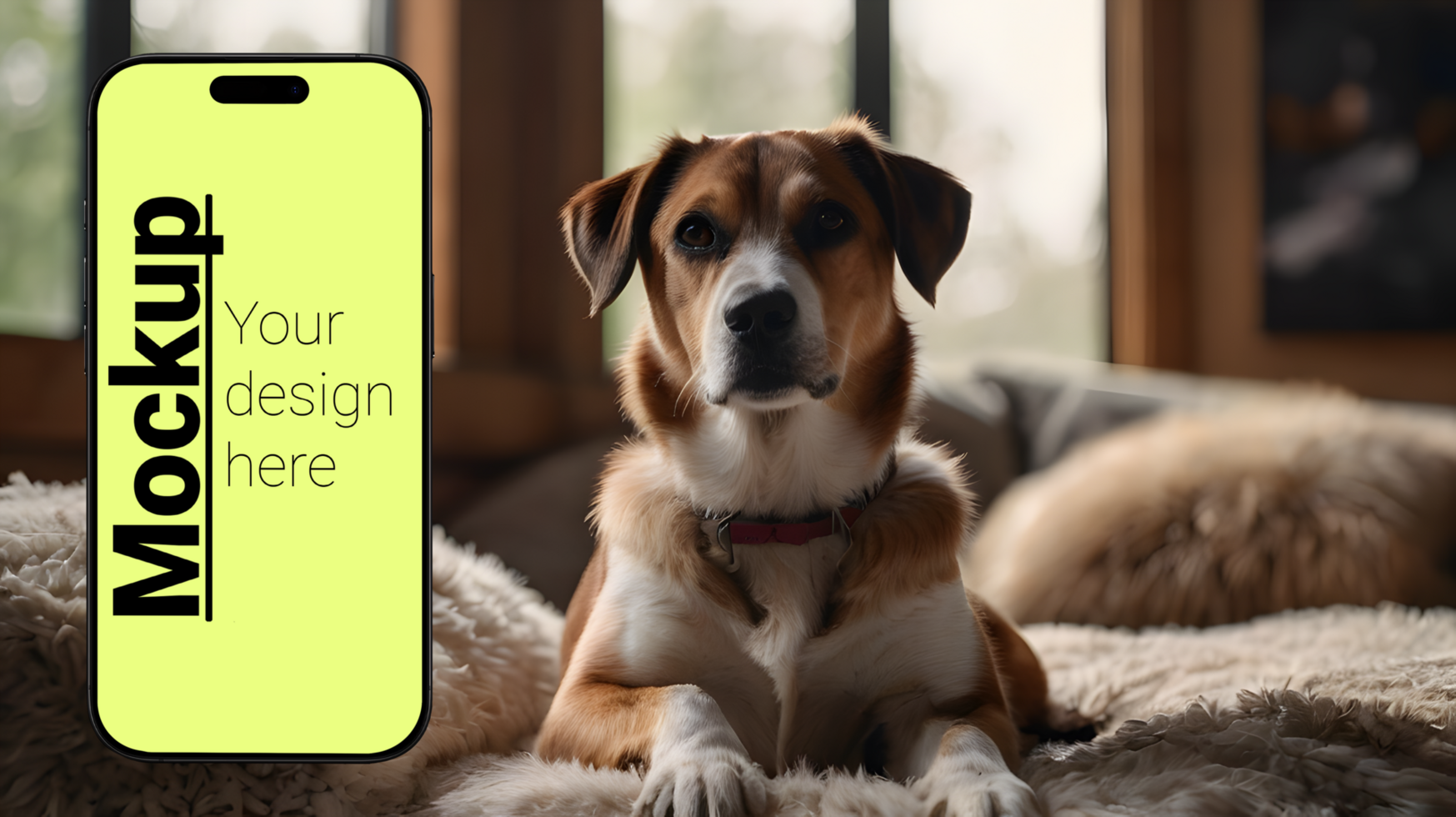 Dog on a couch with a phone mockup psd