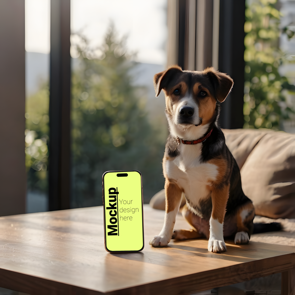 Dog sitting on a table with a smartphone mockup psd