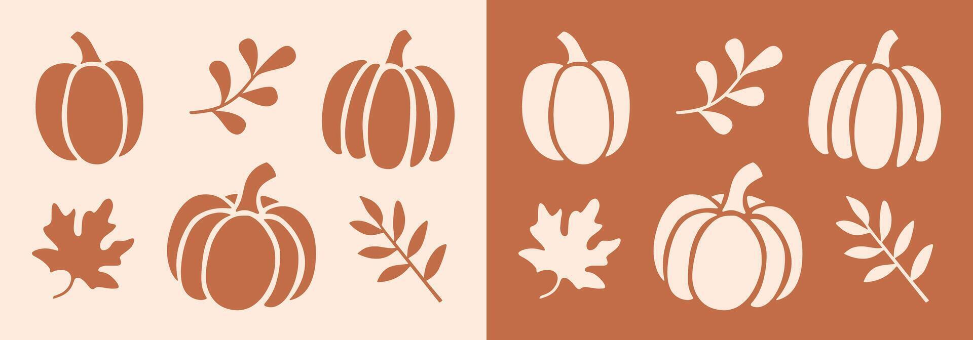 Fall season pumpkins and leaves bundle pack set minimalist autumn thanksgiving oak leaf pumpkin elements drawings orange terracotta boho minimal aesthetic isolated decor cut file vector