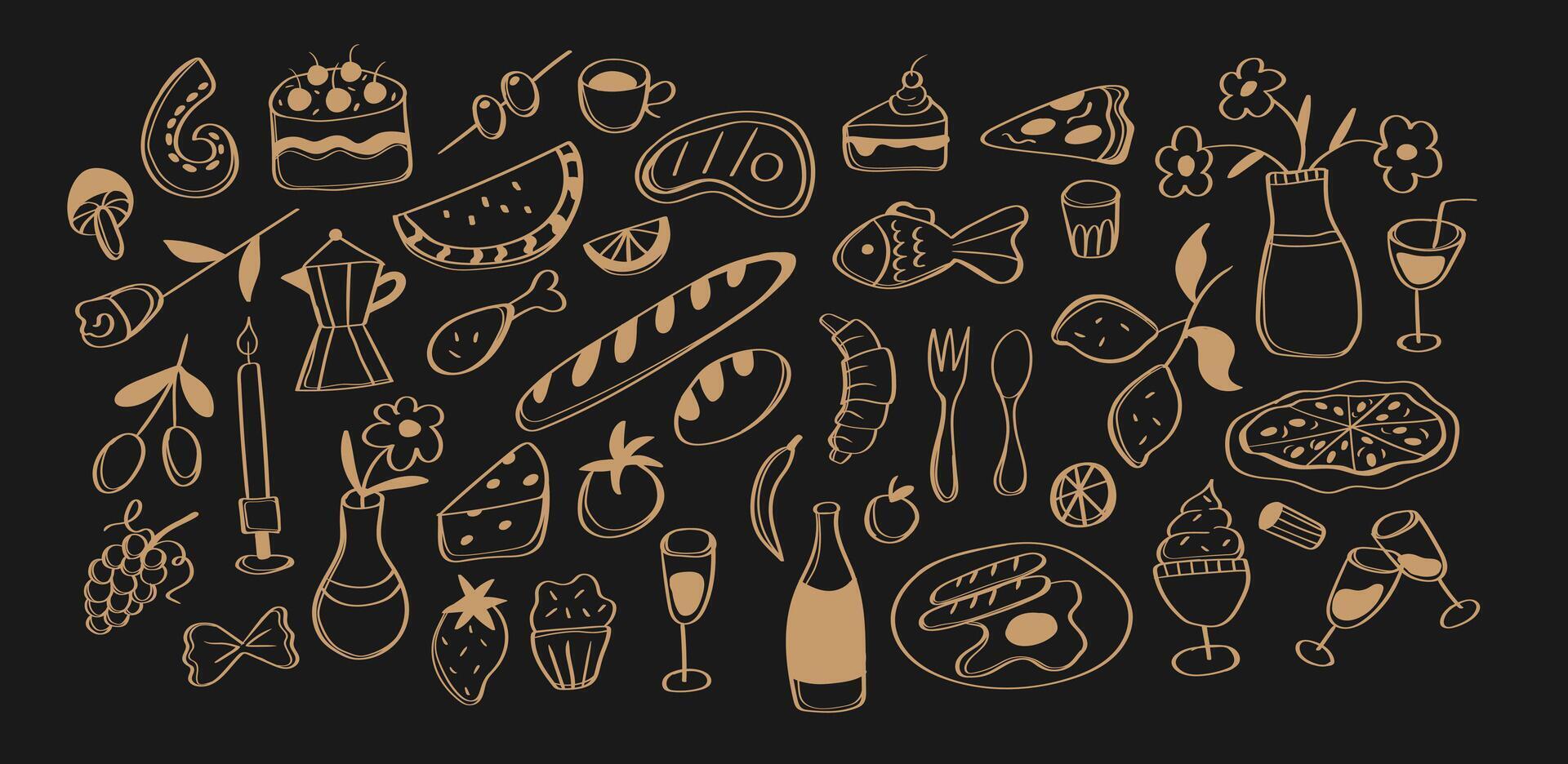 Set of hand drawing outline italian food. Sketch style party wedding and picnic icons. Doodle pizza, wine and fruits for menu vector