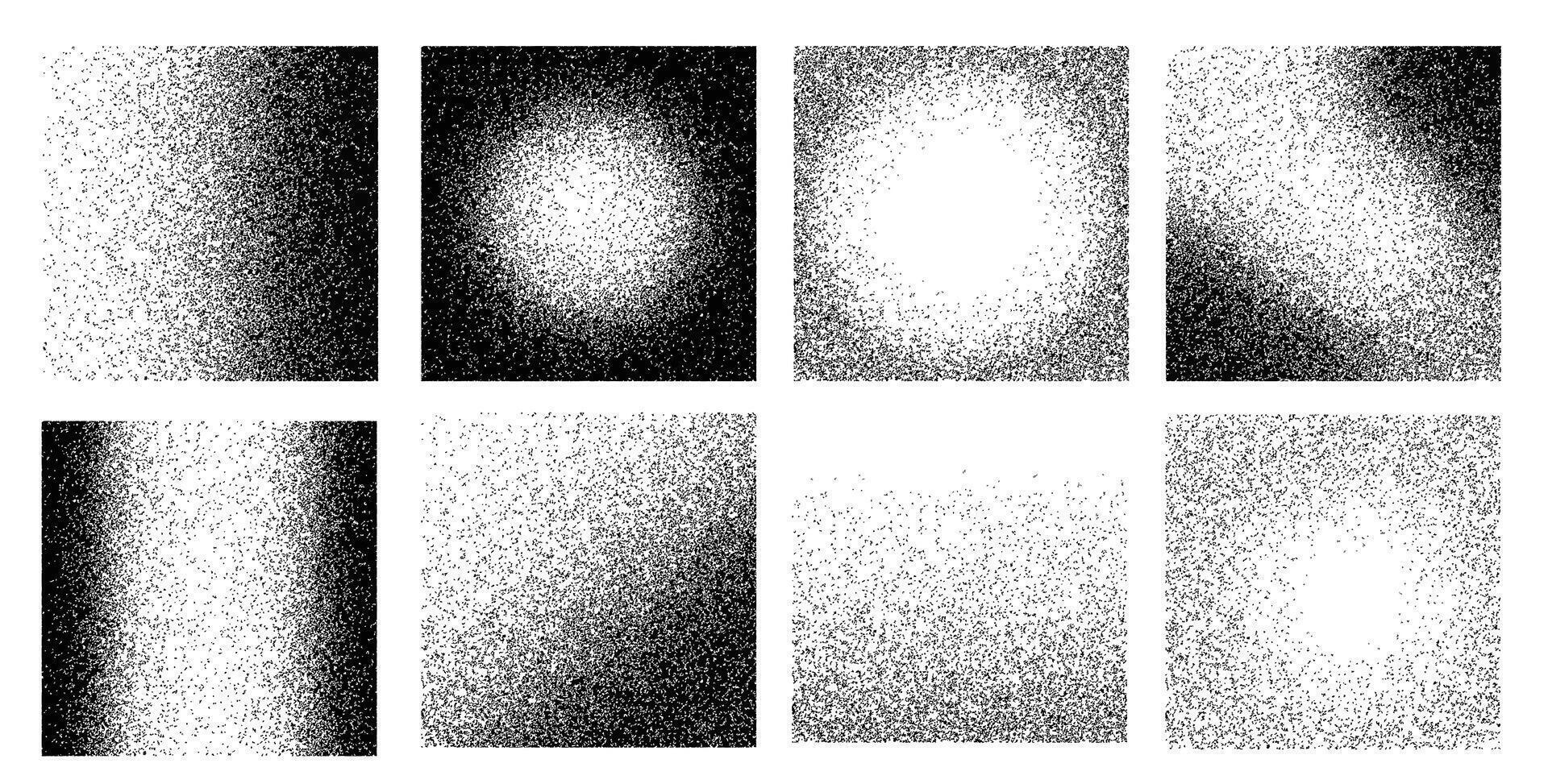 Gradient noise grain textures. Black dotted grainy abstract square shapes with faded gradation of noise grain, grunge dotwork or stipple effect. Dotted halftone geometric figures vector
