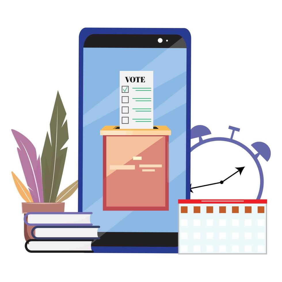 Smartphone showing a digital voting interface with a ballot paper and vote box, surrounded by everyday objects like a clock, calendar, books, and a plant vector