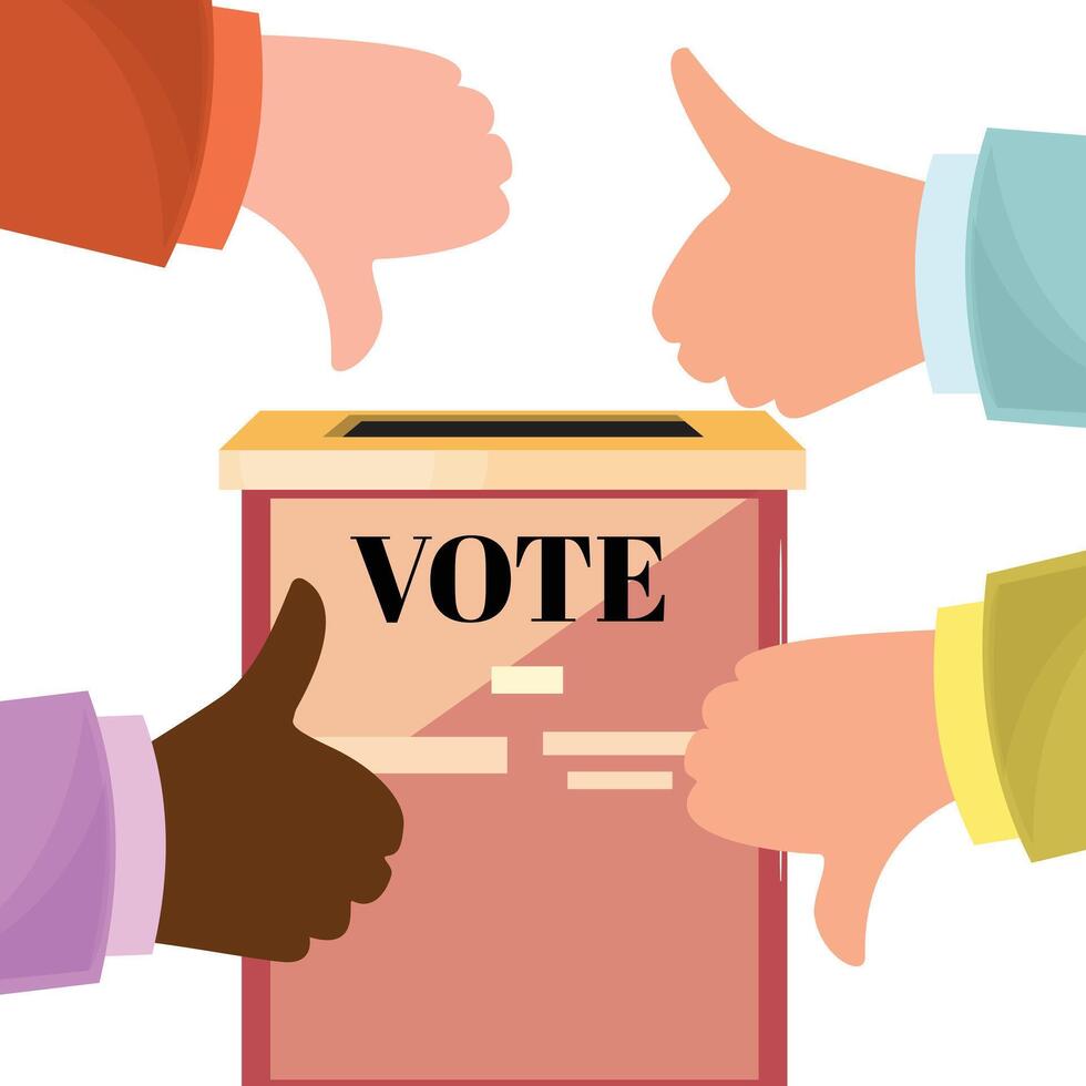 Hands of various individuals give thumbs up and down near a voting box with the label Vote, symbolising election opinions vector