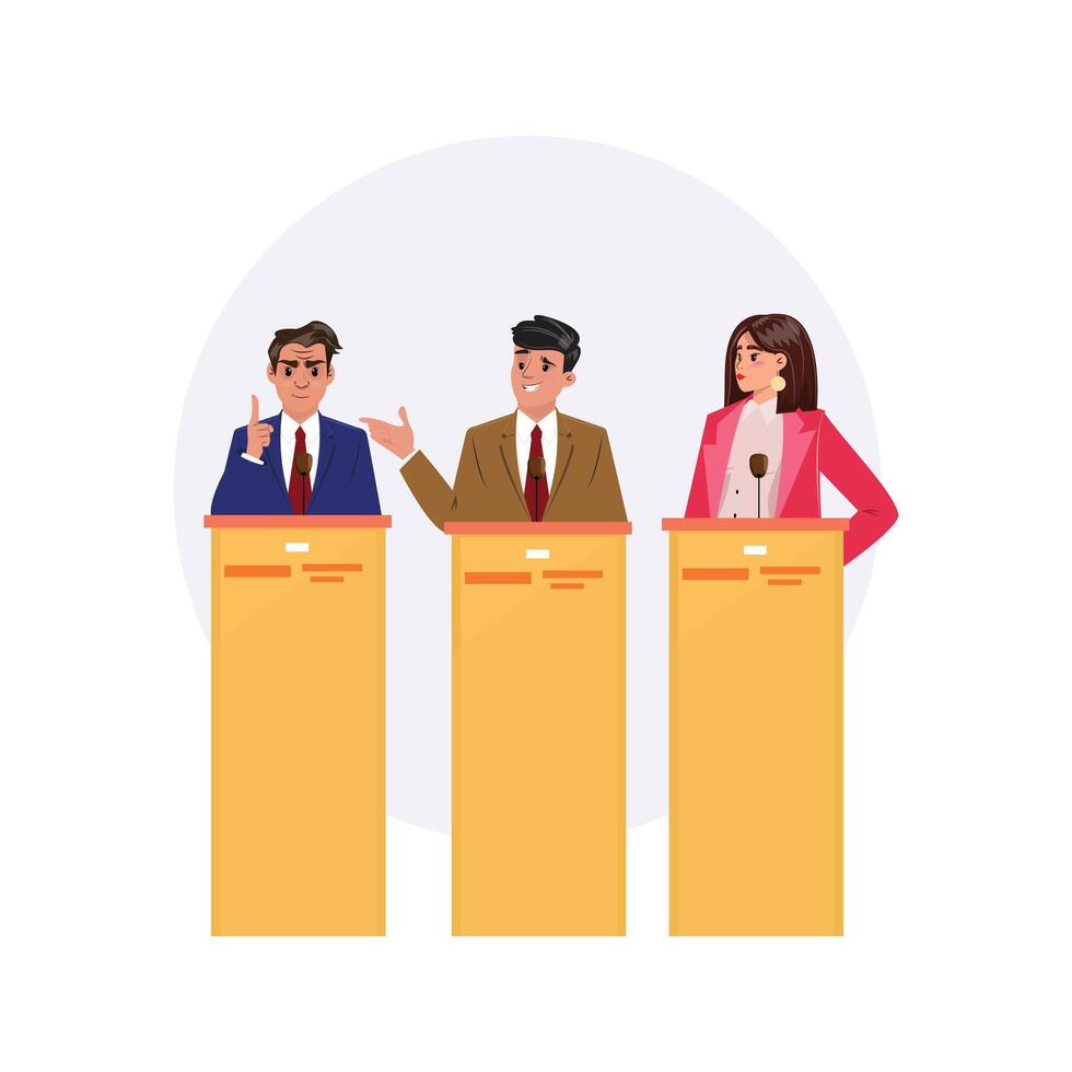 Political candidates debating at podiums, discussing policies and presenting their agendas to the public vector