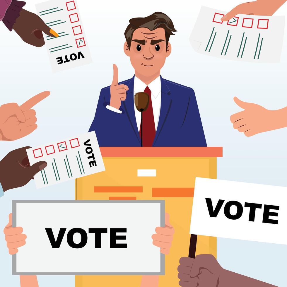 Politician at a podium speaking into a microphone with raised finger, while supporters around him hold Vote signs and point fingers in approval vector