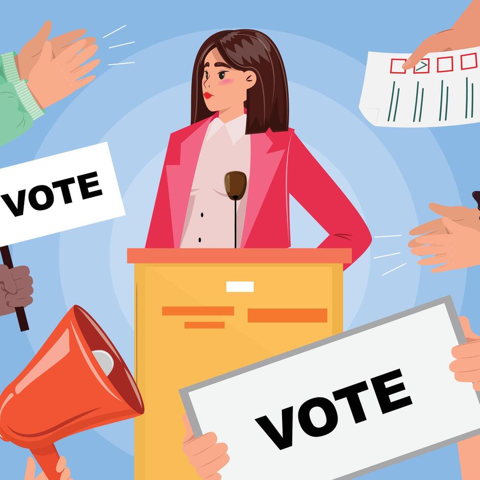 Woman at the podium in front of an audience holding Vote signs, highlighting political campaign vector