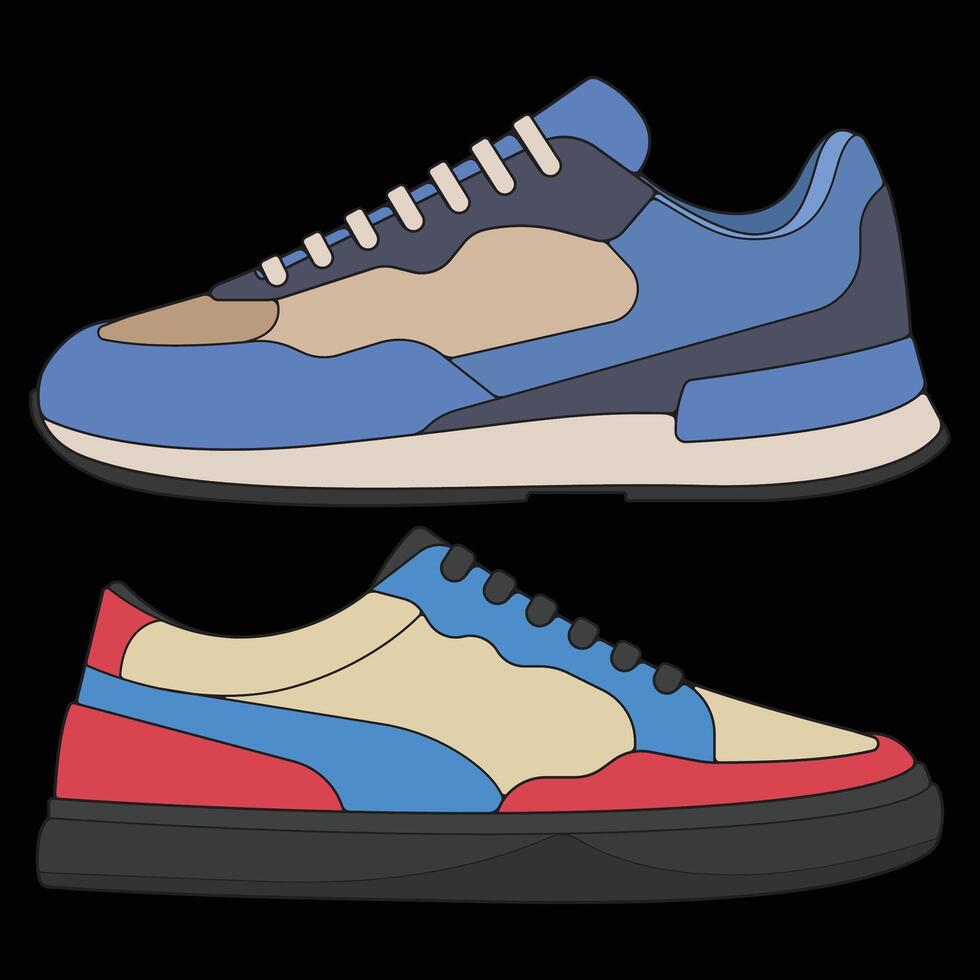 Bundling set sneakers shoes for training, sneakers shoe illustration. Sneakers color full. vector