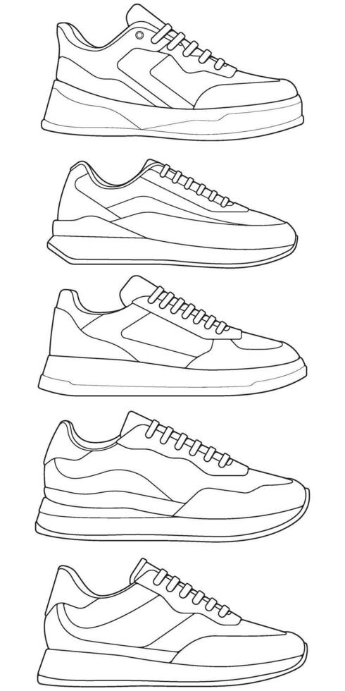 set of outline Cool Sneakers. Shoes sneaker outline drawing, Sneakers drawn in a sketch style, sneaker trainers template outline, Set Collection. Illustration. vector