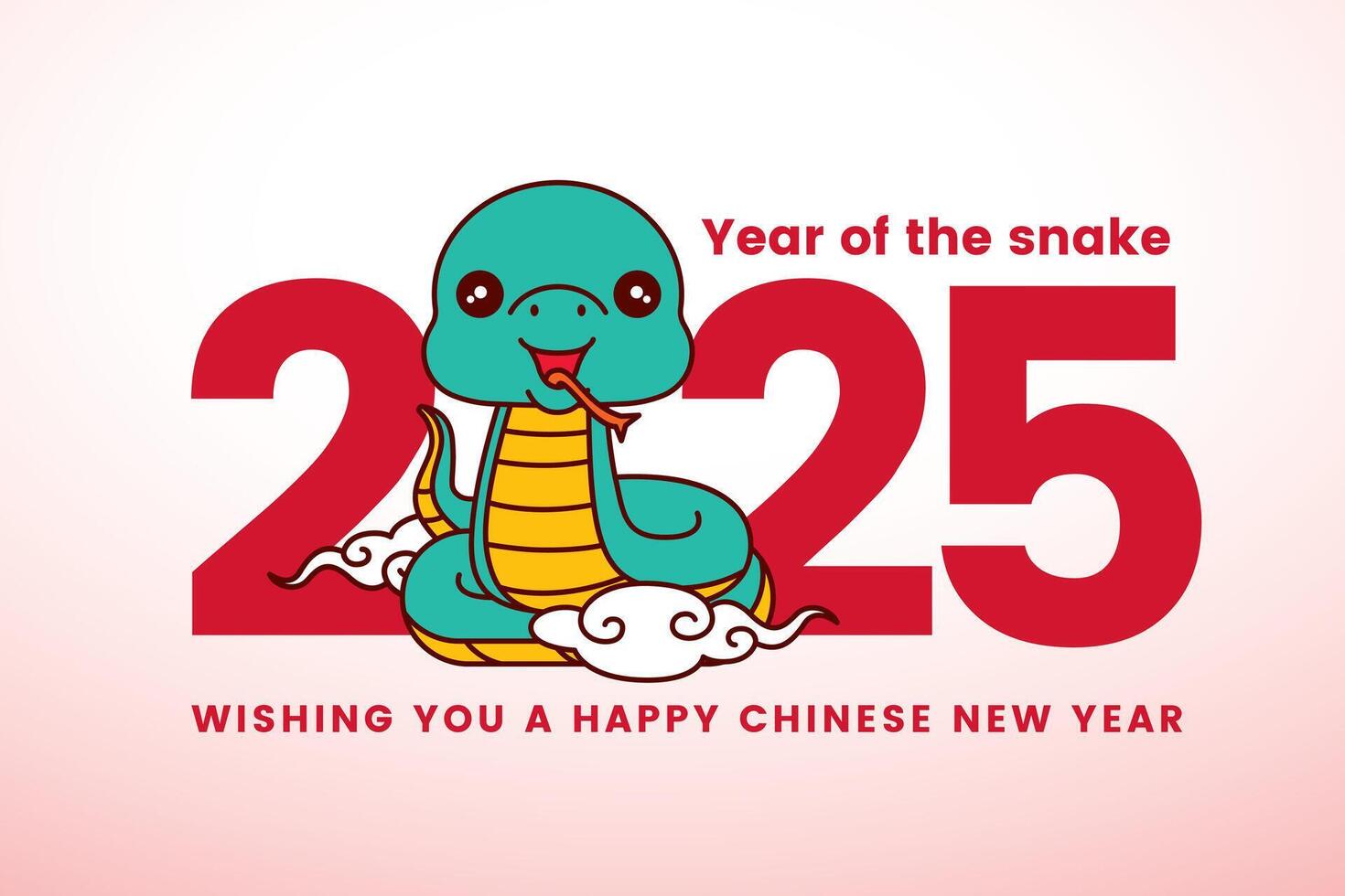 Chinese New Year with cute snake cartoon on 2025 big number sign. Red packet, bunting, social media templates. vector
