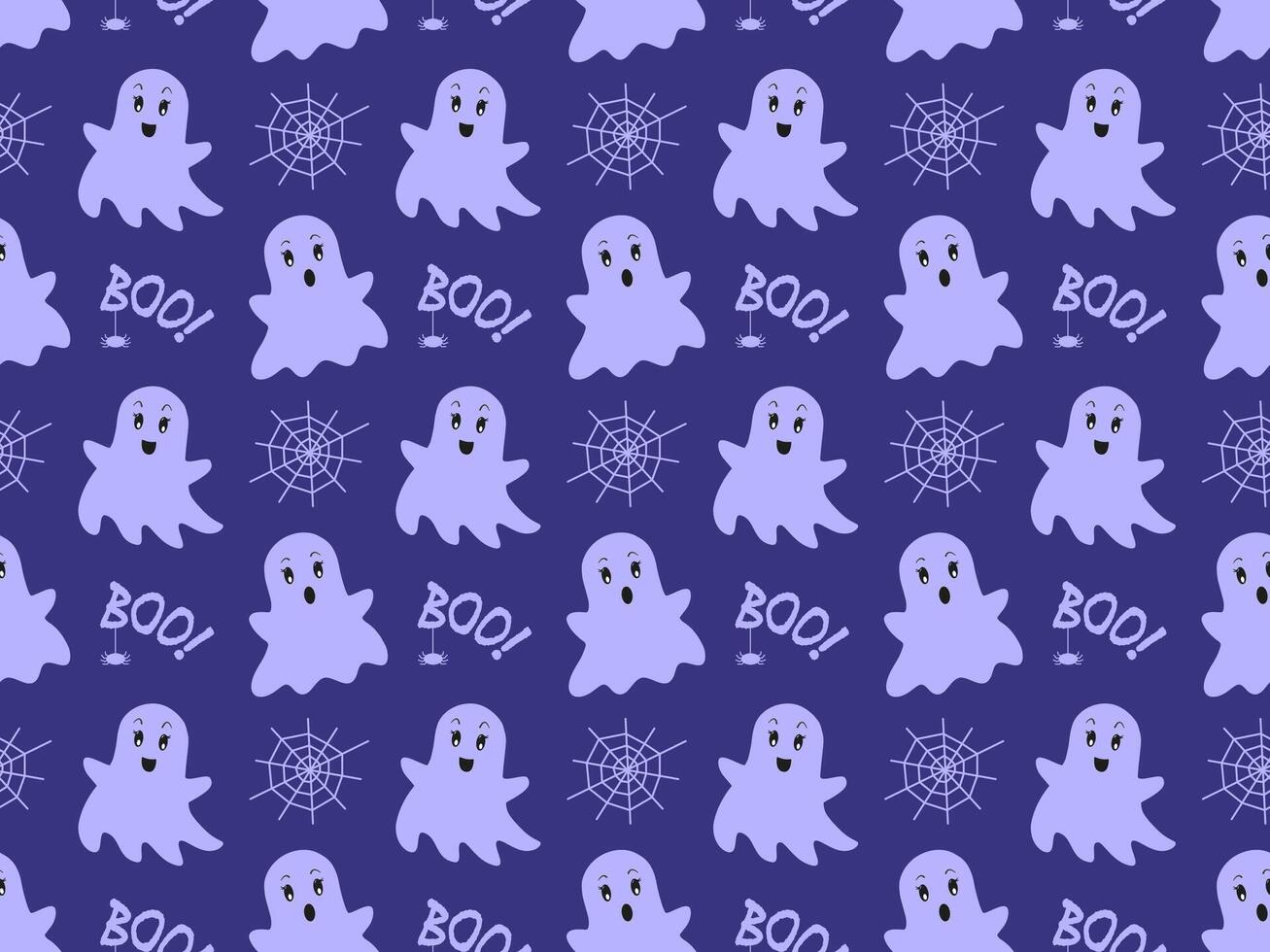 Cute Halloween seamless pattern with ghosts, boo, spider web on blue background, flat design vector
