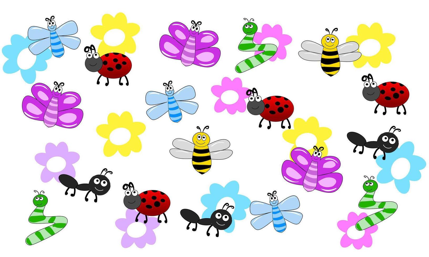 a colorful pattern of insects and flowers vector