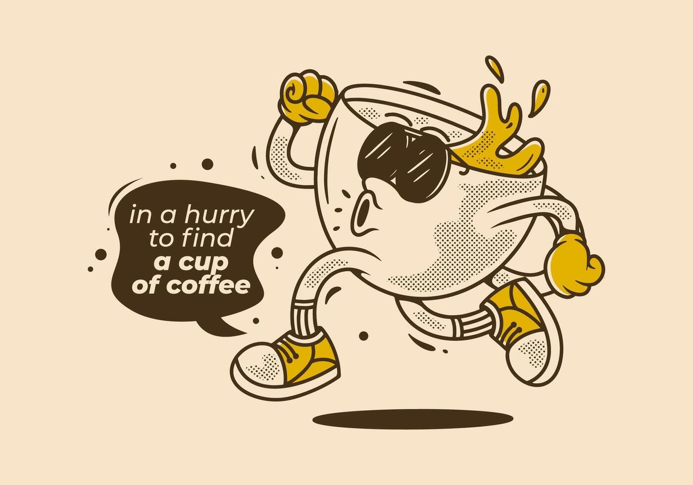 In a hurry to find a cup of coffee. Running cup character in retro vintage style vector