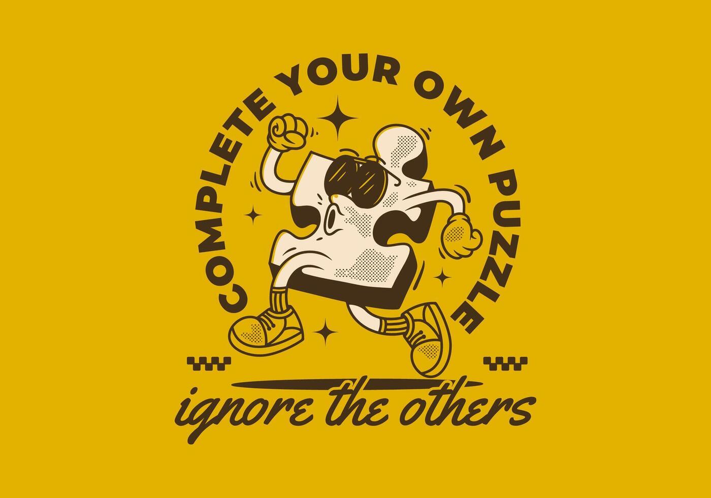 Complete your own puzzle, ignore the others. Retro Mascot character of puzzle in running pose vector