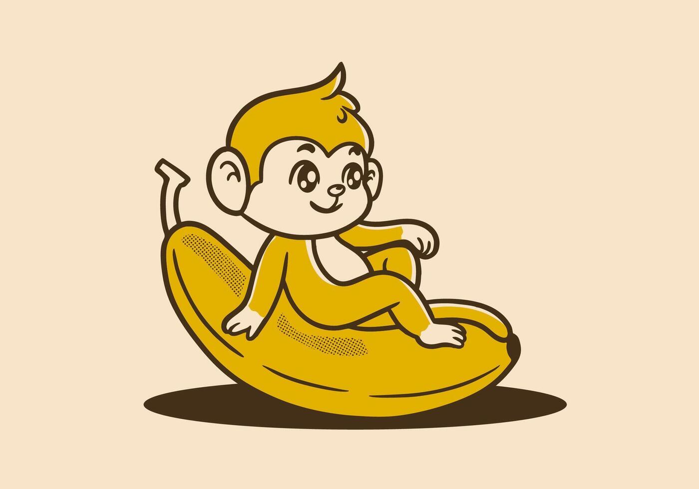 The Vintage Mascot character of cute monkey sit on the banana vector