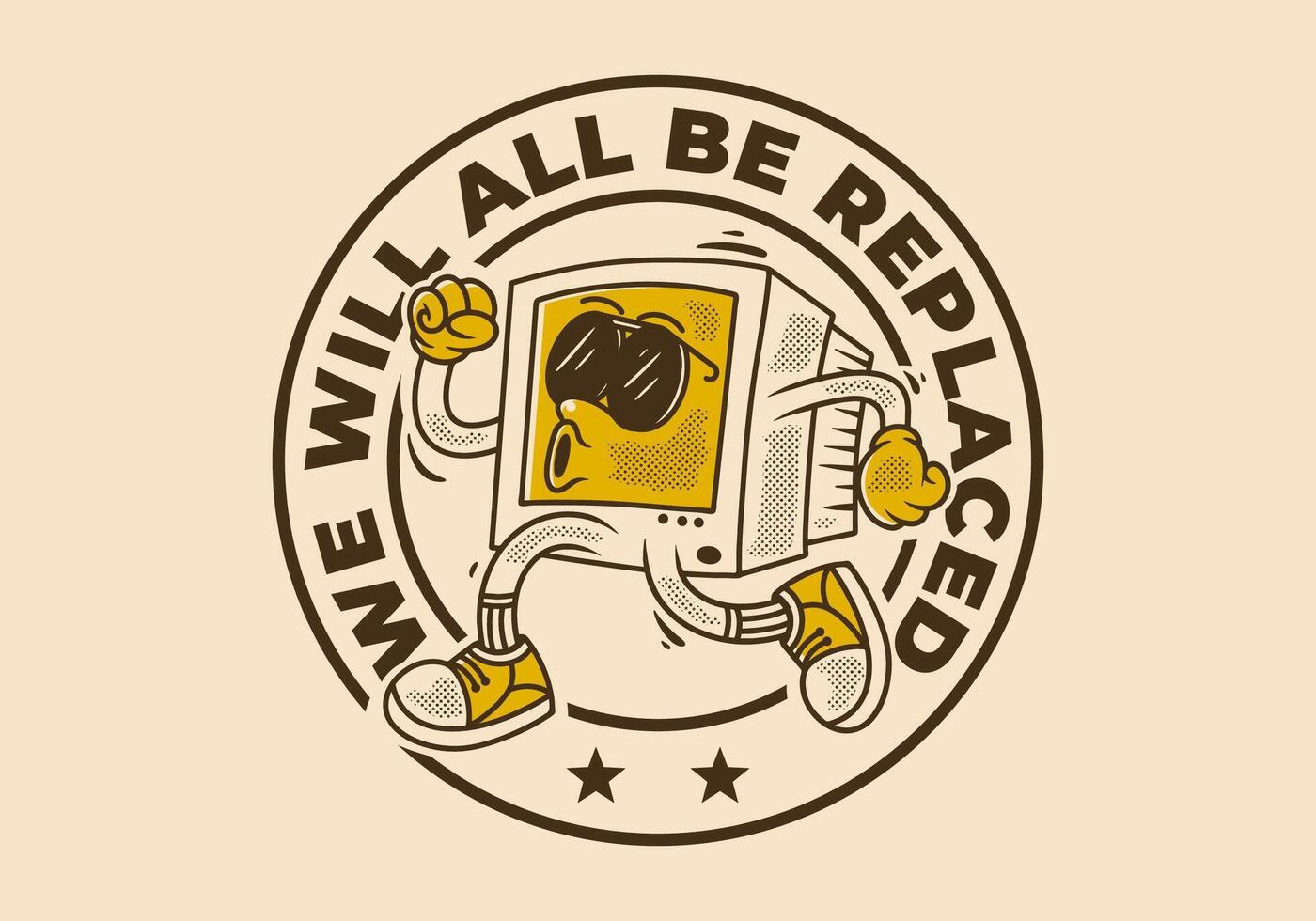 Computer monitor character design in running pose with retro vintage style in circle shape vector