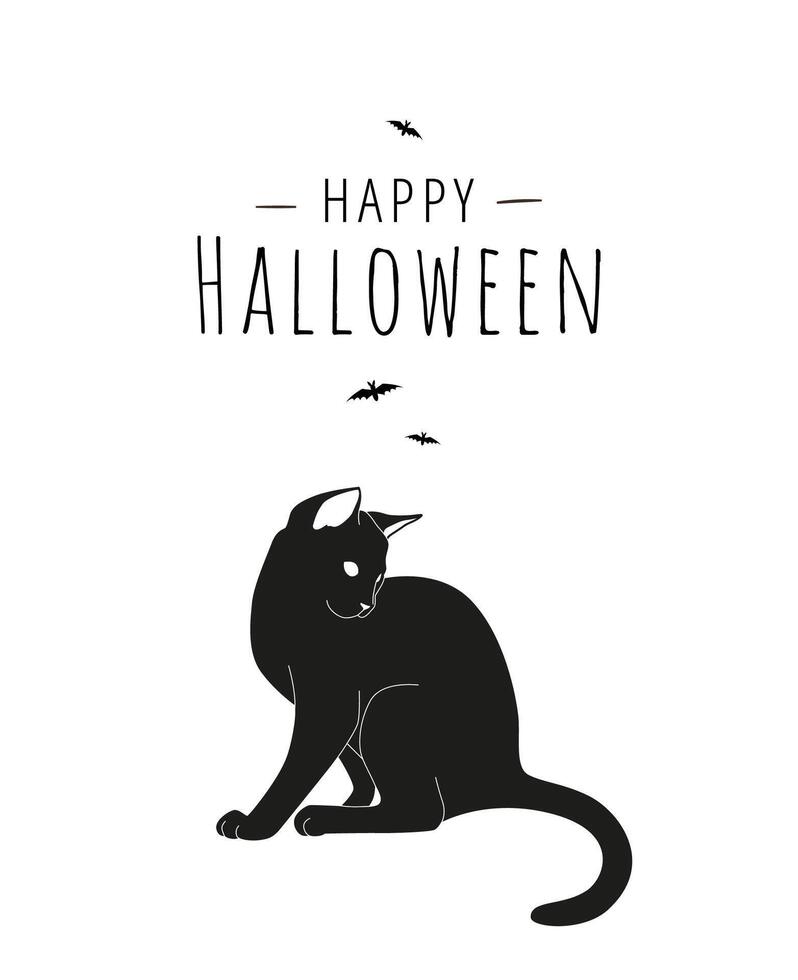 Black cat silhouette with text and bats on white background. Happy Halloween card in a minimalist style vector