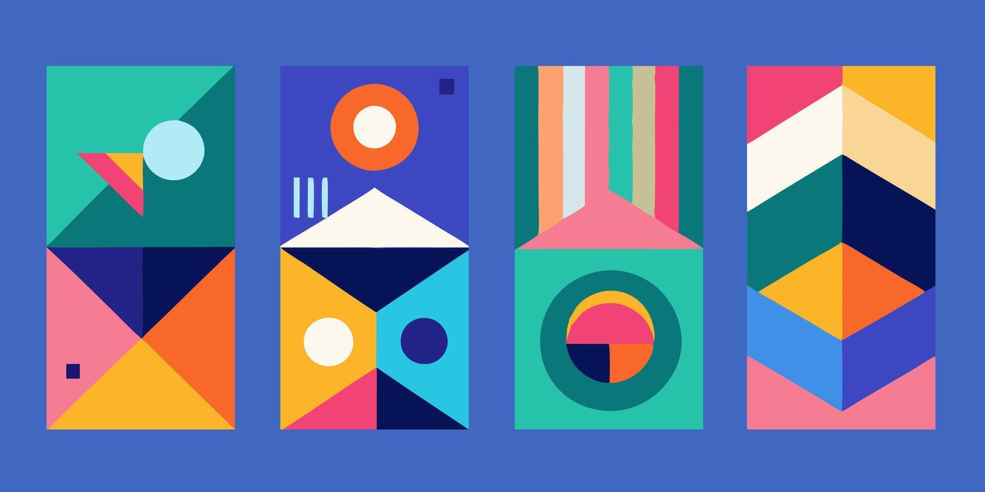 Bauhaus Retro Design Collection 4 Minimalist Geometric Posters for Wall Art Featuring Primitive Shapes Circles Triangles and Squares vector