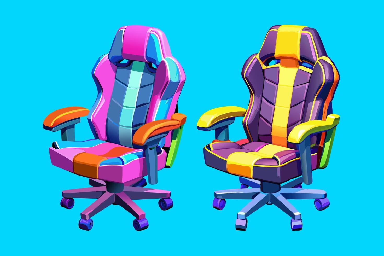 Cartoon Style Office and Gaming Chair Collection Set of 2. Elaborate Illustration of Adjustable Office Chairs and Racing Gaming Seats Isolated on White Background vector