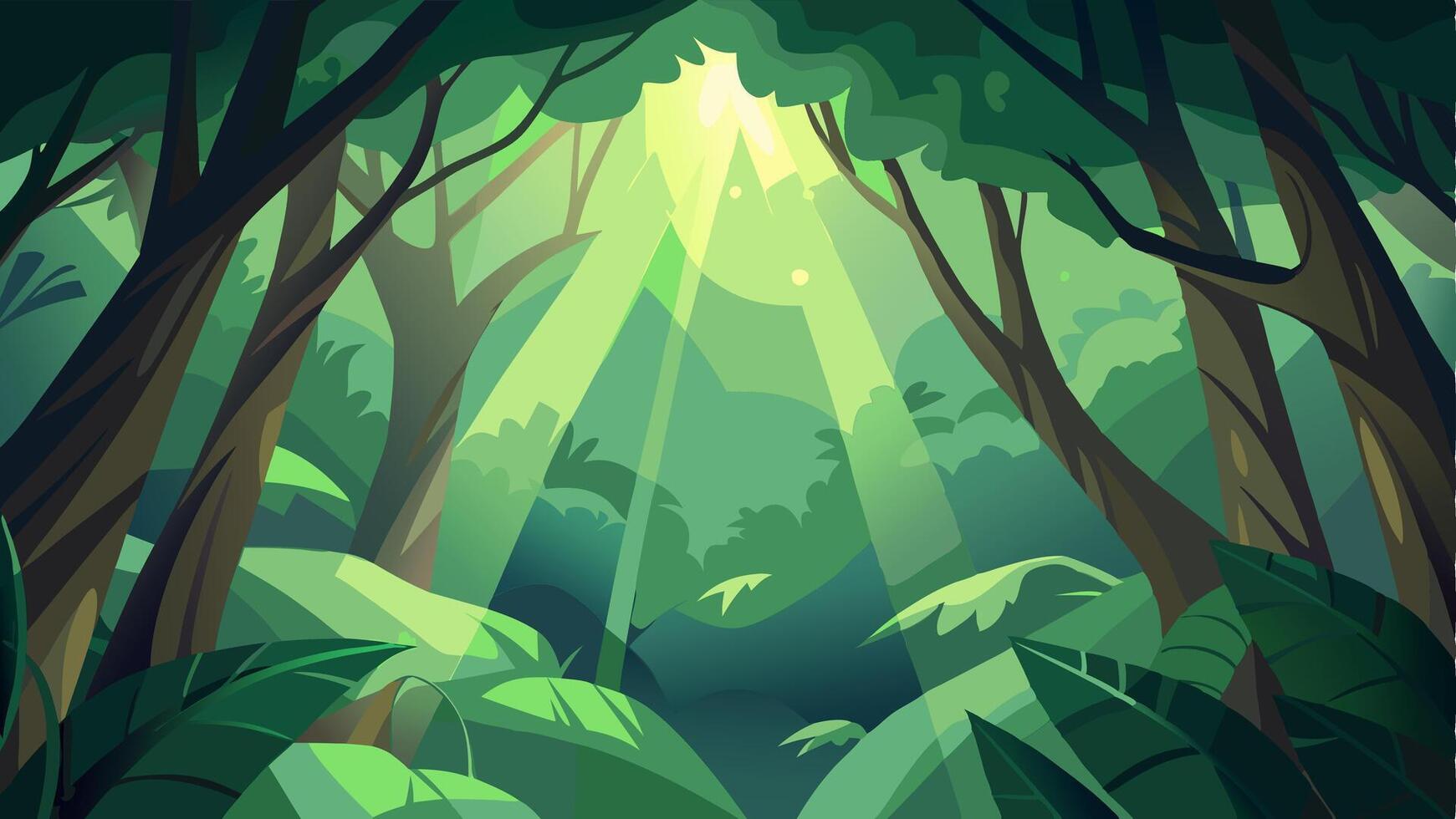 Comic Green Jungle Background with lots of Tress, Plants and Sun Rays Touching the Plants and Trees vector