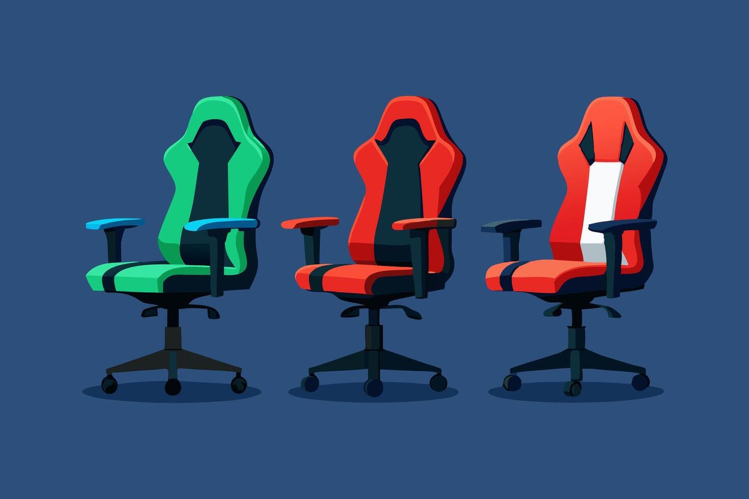 Modern Office and Gaming Chair Designs Set of 3. Intricate Cartoon Illustration of Ergonomic and Racing Chairs Against a White Backdrop vector