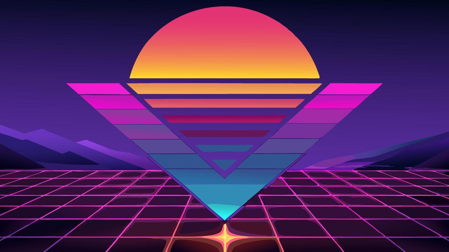 Vaporwave Retro Futuristic 80's Synthwave Landscape and Sun Background. 3D illustration Render vector