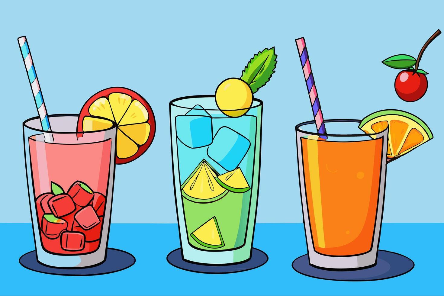 Artistic Display of Vibrant Cocktails with Ice, Fresh Lemon, and a Wide Range of Flavorful Enhancements for a Lively Vibe vector