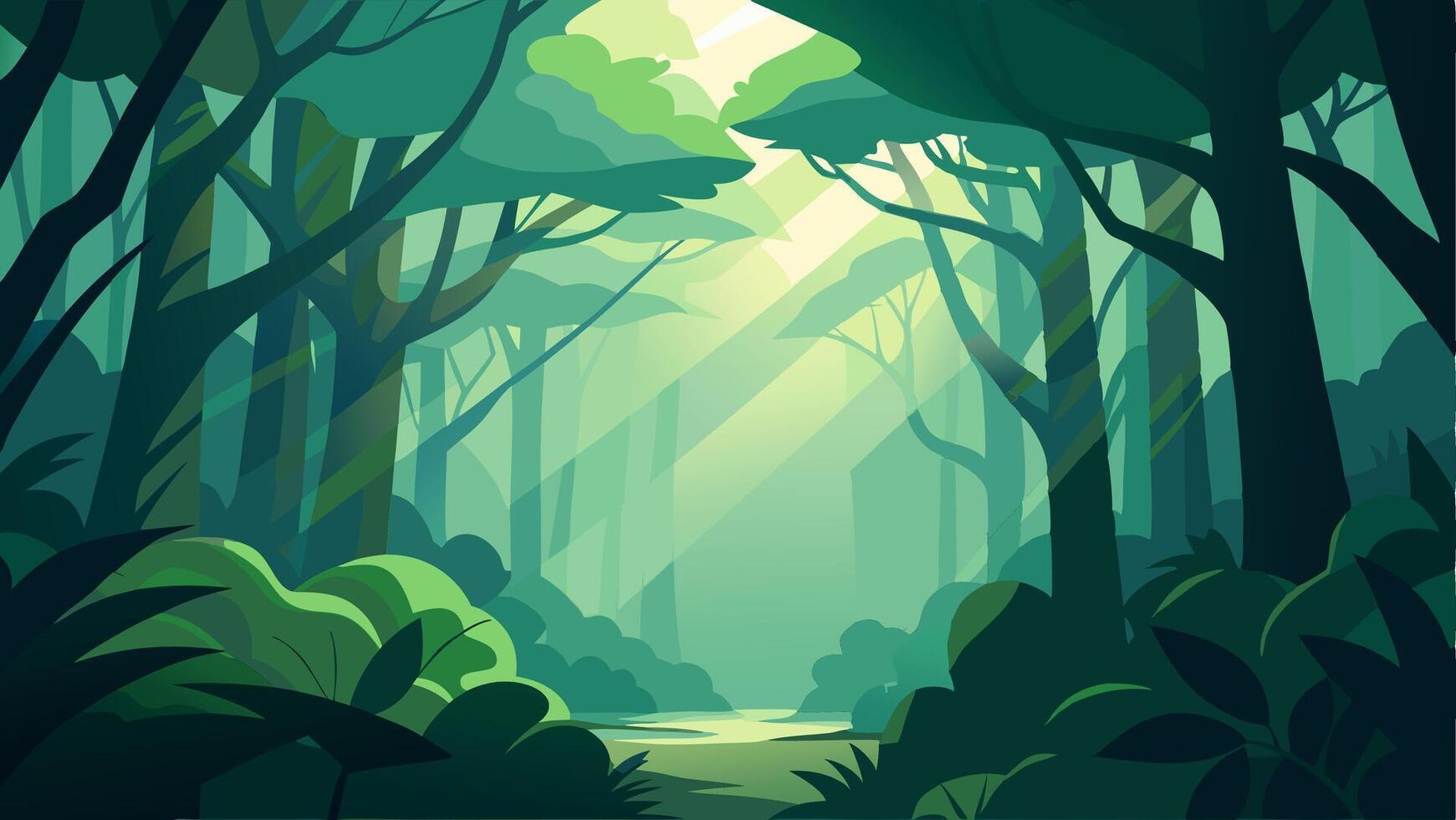 Green Forest Jungle Background with lots of Tress, Plants and Sun Rays Touching the Plants and Trees illustration vector
