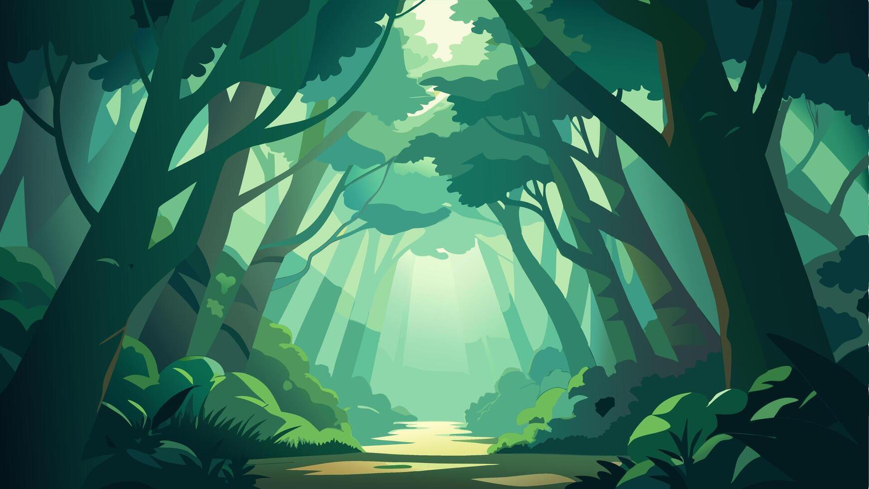 Green Forest Background illustration with lots of Tress, Plants and Sun Rays Touching the Green Plants and Trees vector